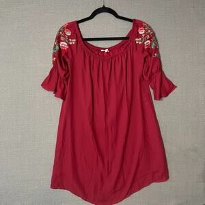 Embroidered Boho Peasant Dress Womens M Burgundy Ruffle Sleeve Tunic Cottagecore